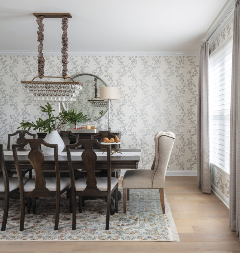 Complementary textures and patterns update classic forms in a Potomac dining room, evoking the client’s transitional style.