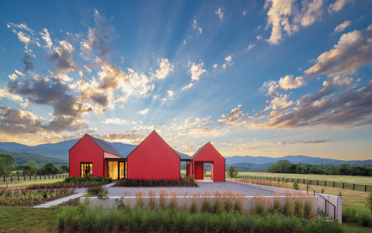 A new home in Etlan, Virginia, was conceived in three volumes with elemental gable roofs and no overhangs.