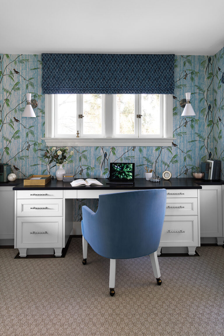 In a home office, Ferrick Mason wallcovering sourced at Rue IV is the backdrop for a bespoke desk. The project remodeled a house on the Chevy Chase Historical Register.