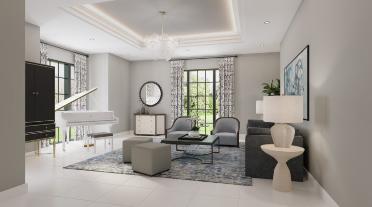 A sun filled living room that blends graceful architecture, warm textures, and modern elegance into a welcoming retreat.