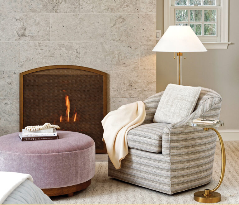 Broffman worked with builder K Quality Services Inc. to update a client’s primary suite, cladding the fireplace in large-format limestone tiles from Architessa.