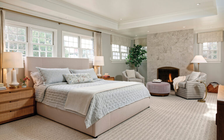 Textured furnishings include a custom ottoman by Charles Stewart covered in Rogers & Goffigon’s silk mohair.