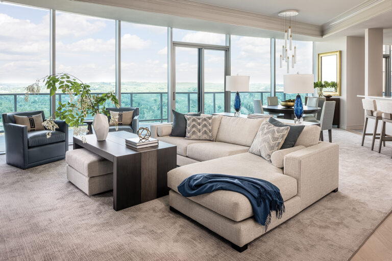 With eyes on the view, Manlove selected a low-profile sectional from AmericanEye for the living area of a penthouse condo in Rosslyn.