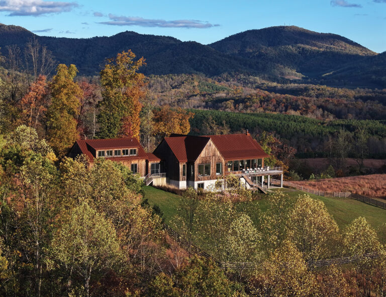 A residence in the Blue Ridge Mountains balances rustic agrarian character and modern functionality. Hemlock siding and a Corten steel roof will weather with time, establishing an authentic, enduring presence.