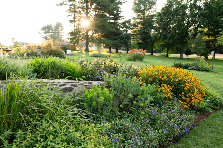 Stone walls address steep grades that feel suited to the rhythms and conditions of the historic rural site.